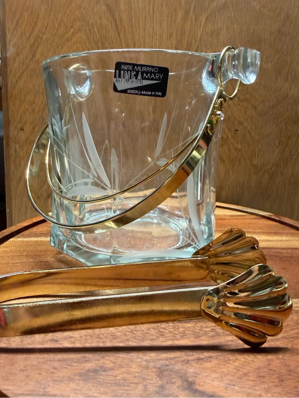 Vintage Arte Murano Linea Mary Crystal Ice Bucket Gold Tone Handle Tongs Italy